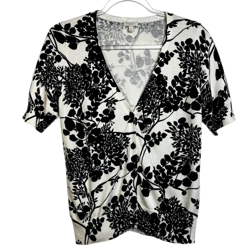 Talbots Petite SP Short Sleeve Cardigan Sweater Black White Botanical Cotton
